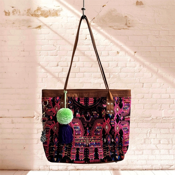 Maya & Mali Fair Trade Leather And Huipil Tote - Picture 2 of 11